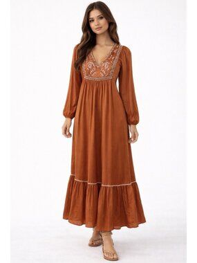 Ex Voto Hazel M Chili Embroidered Maxi Prairie Boho Cotton Dress $289